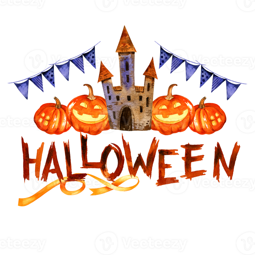 watercolor banner of Halloween theme with tower, pumpkin, purple triangle flags, hand drawn lettering, sketch illustration of October event, for greeting card, template png