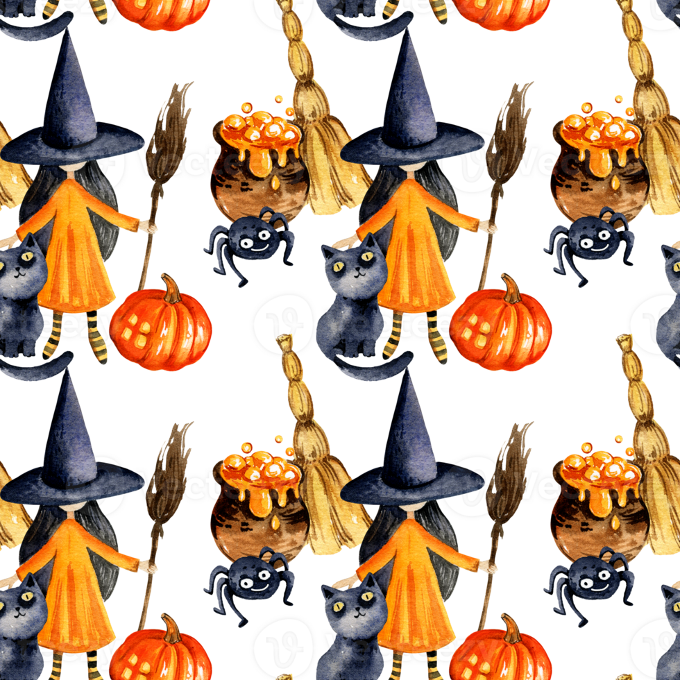 watercolor seamless pattern of Halloween theme with cartoon witch, spider, pot of potion, pumpkin, broom and cute black cat, hand drawn illustration, for Halloween decoration png
