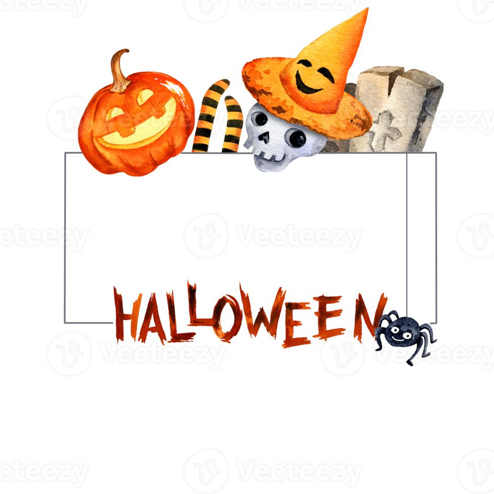 watercolor banner of Halloween theme with headstone, pumpkin, spider, skull, hat and others, hand drawn illustration of October event, space for text png
