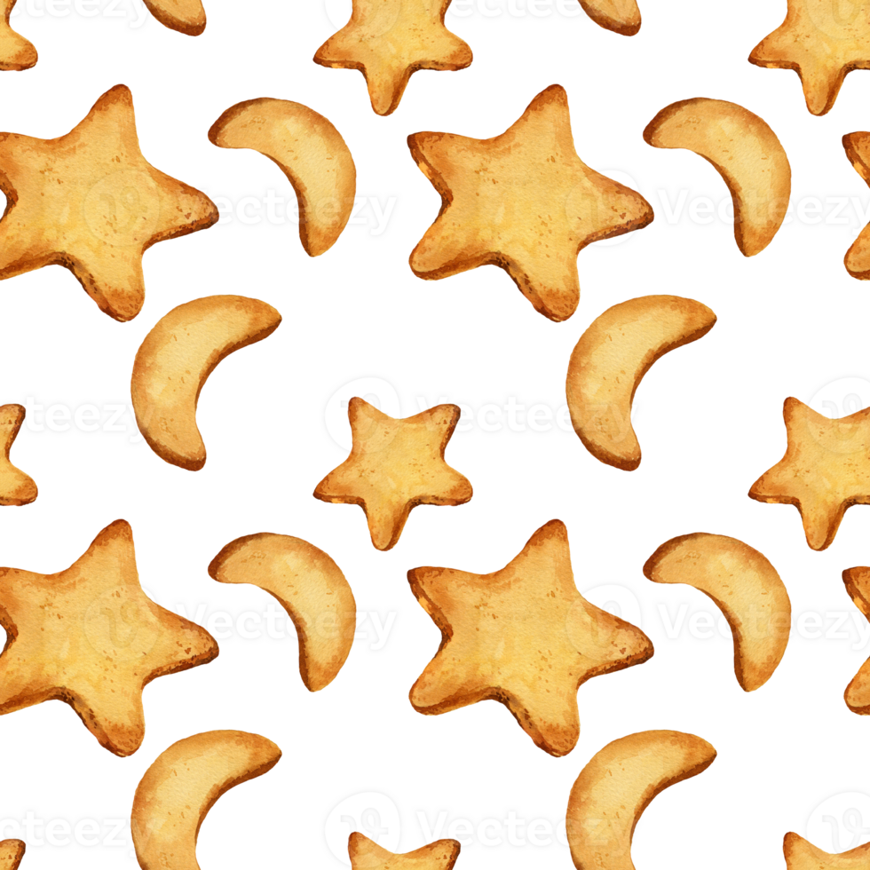 watercolor seamless pattern with homemade cookies in the shape of a star and crescent moon, hand drawn illustration of baking biscuits png