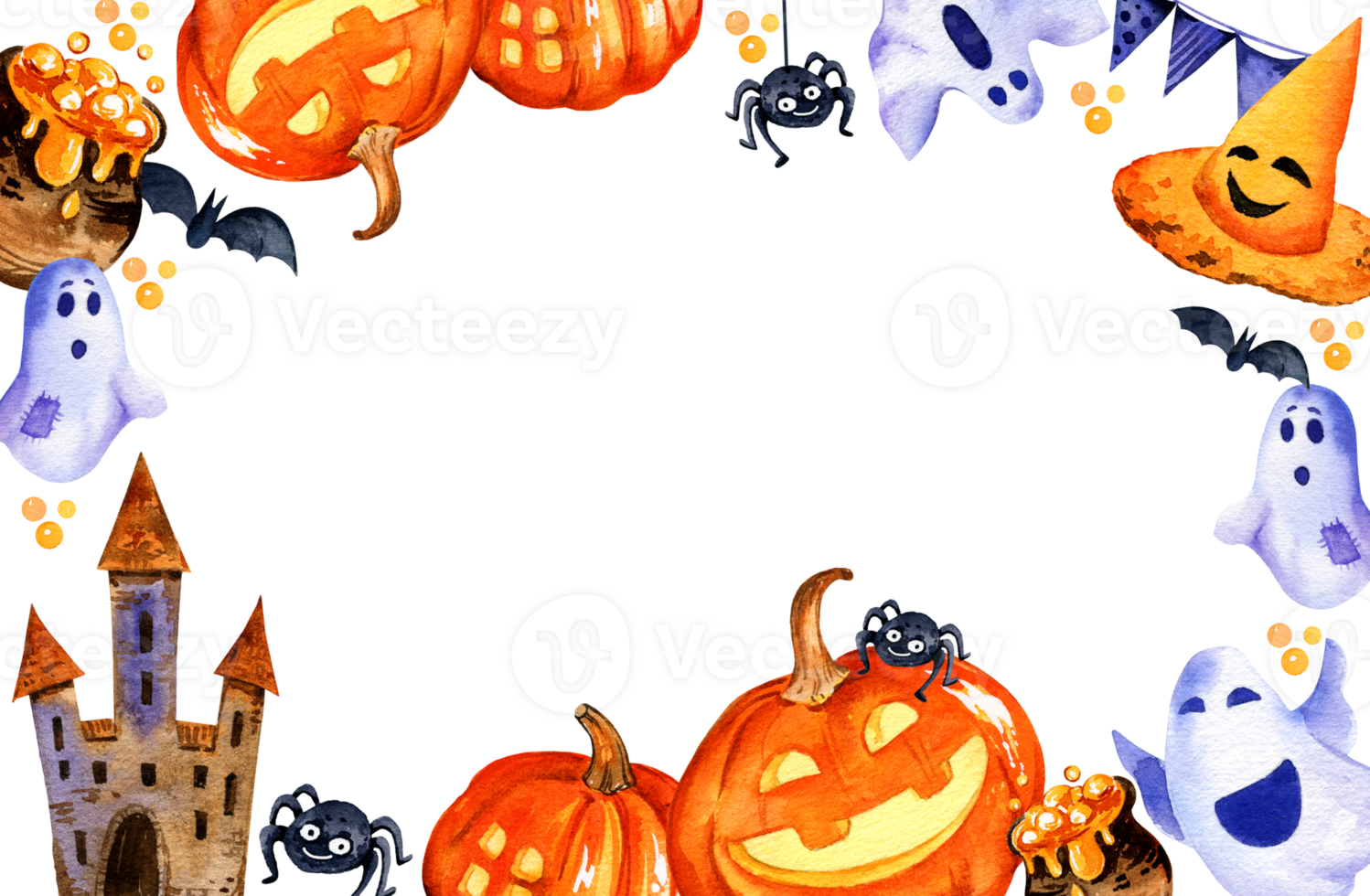 watercolor banner of Halloween theme with tower, pumpkin, potion, ghosts, bats and others, hand drawn illustration of October event, for card, posters, decoration png
