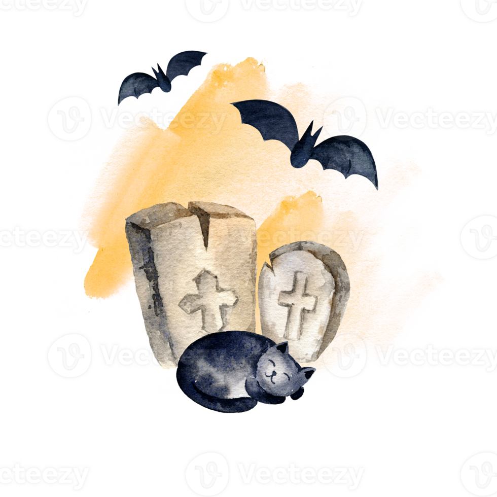 watercolor composition of Halloween theme with headstone, sleeping black cat, bats, hand drawn cartoon illustration for October event against orange watercolor splashes background png