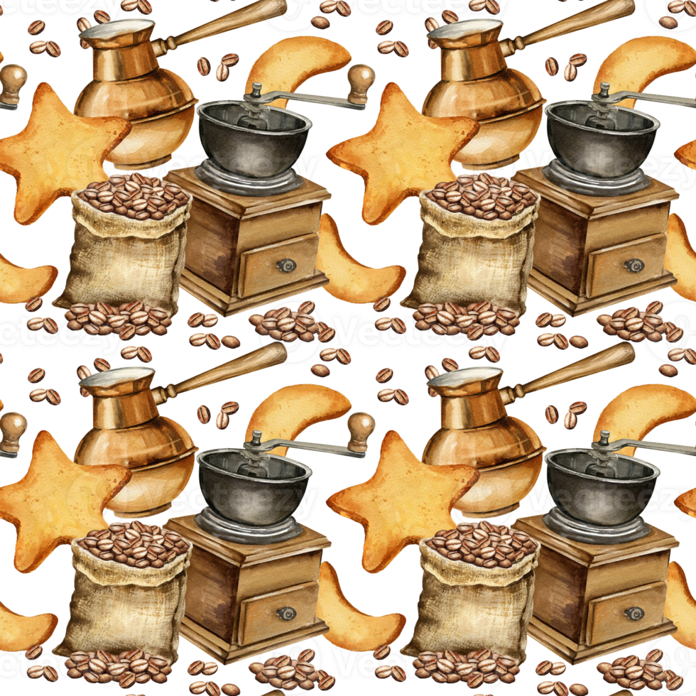 watercolor seamless pattern of coffee theme with gunny sack with coffee beans, coffee mull, cookies, turkish coffe pot, coffee beans, hand drawn illustration, pattern png