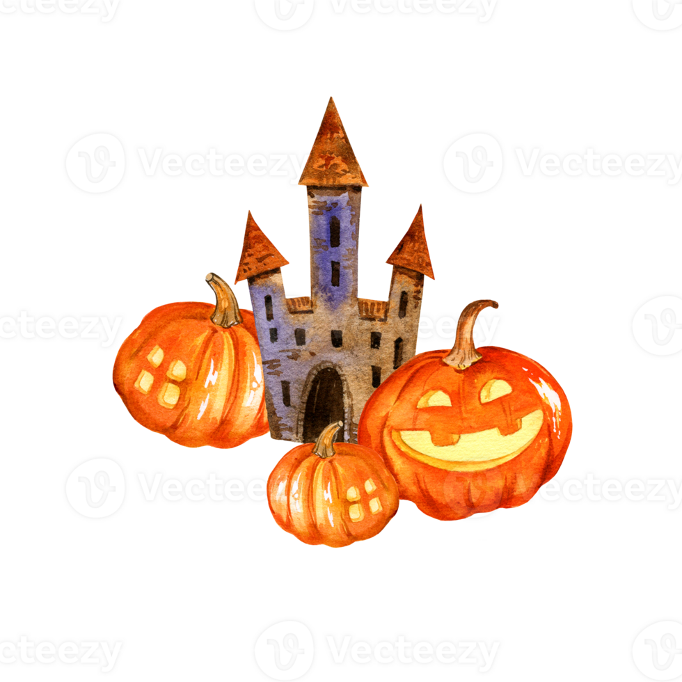 watercolor composition of Halloween theme with tower, funny pumpkins, hand drawn cartoon illustration of October event, for postcard, greeting card png