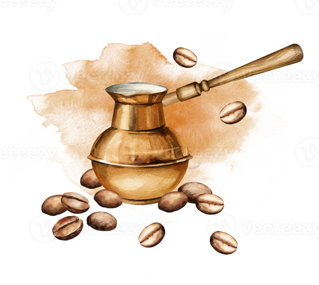 watercolor composition with Turkish coffee pot, coffee seeds, hand drawn illustration of espresso and cava, collection of coffee theme on brown watercolor background png