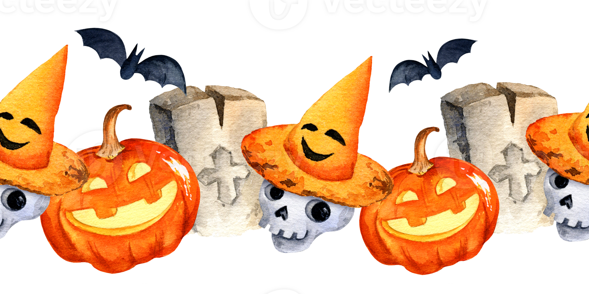 watercolor seamless border of Halloween theme with headstone, funny skull in an orange hat, smiling pumpkin, bats, hand drawn cartoon illustration of October event, party decoration png