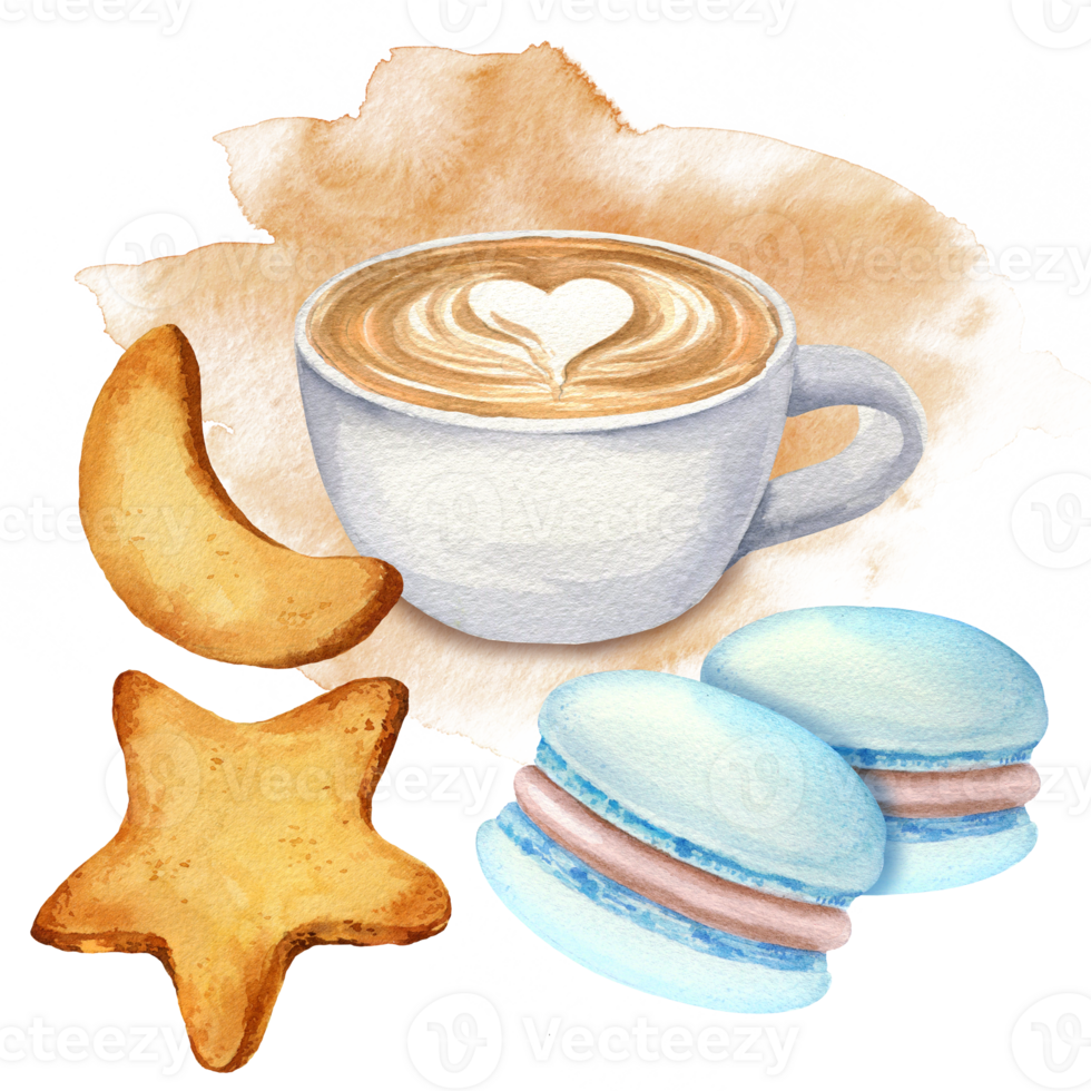 watercolor set of cup of coffee, cookies, macaroon, biscuit. hand drawn illustration of cappuccino, collection of coffee theme on watercolor splash background png
