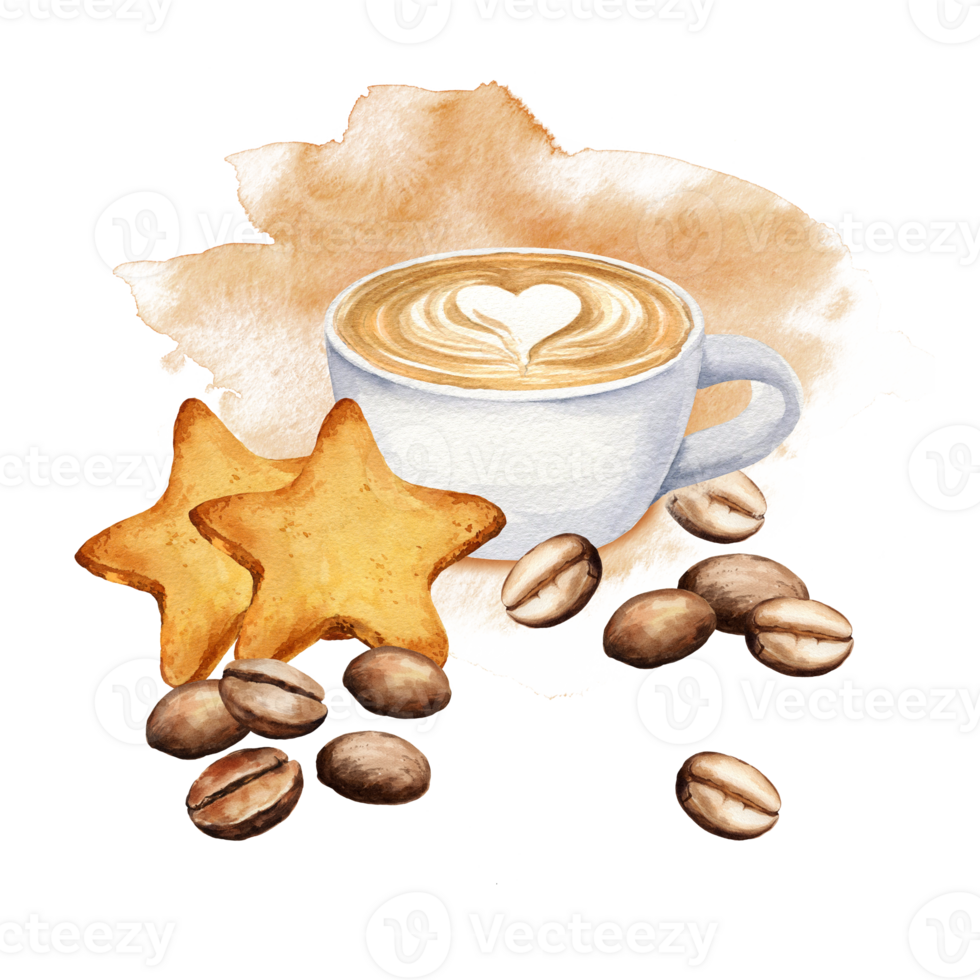 watercolor composition with Turkish coffee pot, cookies, biscuits, coffee seeds, hand drawn illustration of espresso and cava, collection of coffee theme png