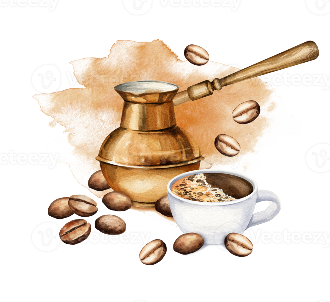watercolor composition with Turkish coffee pot, cup of espresso, coffee seeds, hand drawn illustration of espresso and cava, collection of coffee theme on brown watercolor background png