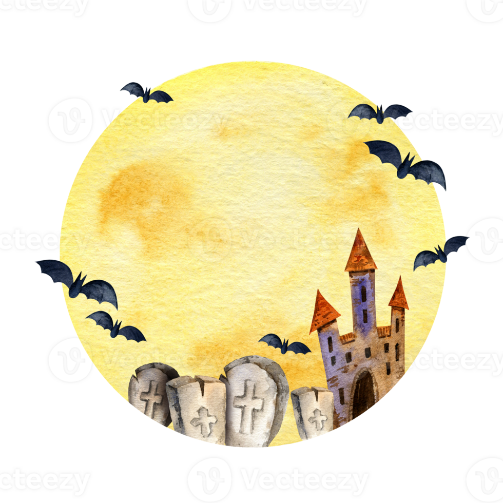 watercolor composition of Halloween theme with moon, tower, headstone, funeral and bats on watercolor moon background, hand drawn corner frame, round frame png