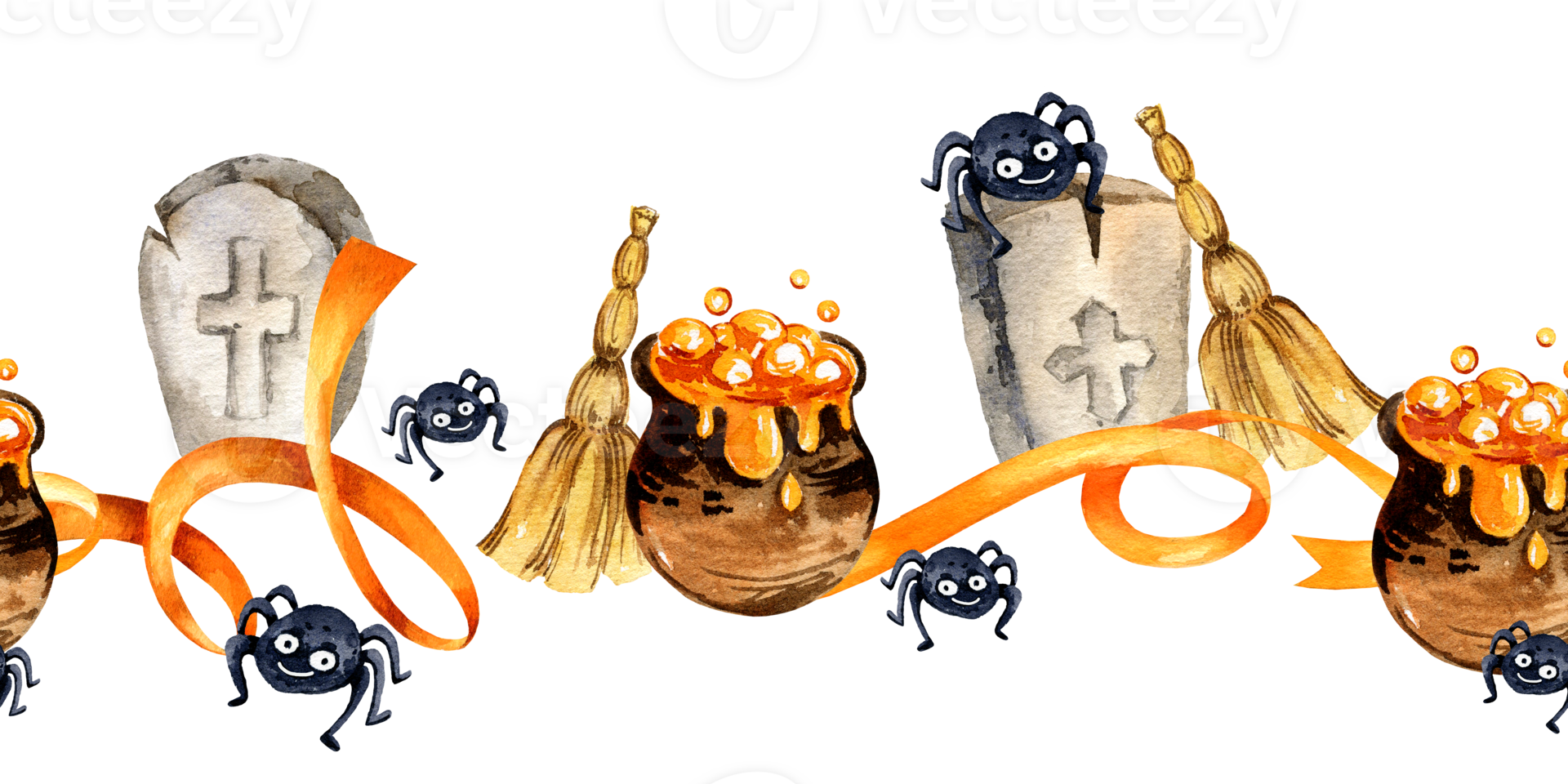 watercolor seamless border of Halloween theme with cartoon a pot of potion, spiders, orange ribbons, stone tombstone cemetery, broom, hand drawn illustration, for party decoration png