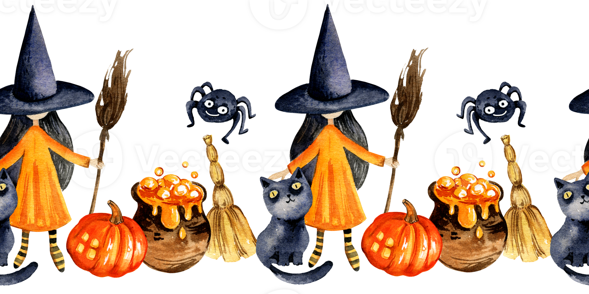 watercolor seamless border of Halloween theme with cartoon witch, spider, pot of potion, pumpkin, broom and cute black cat, hand drawn illustration, for Halloween decoration png