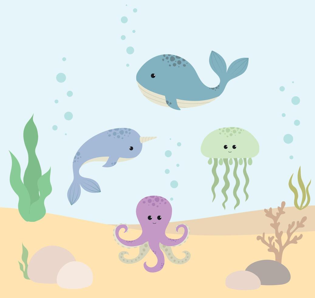 Whale, Octopus, Narwhal, Jellyfish Charming Sea Creatures Pattern for Kids' Textiles and Design vector
