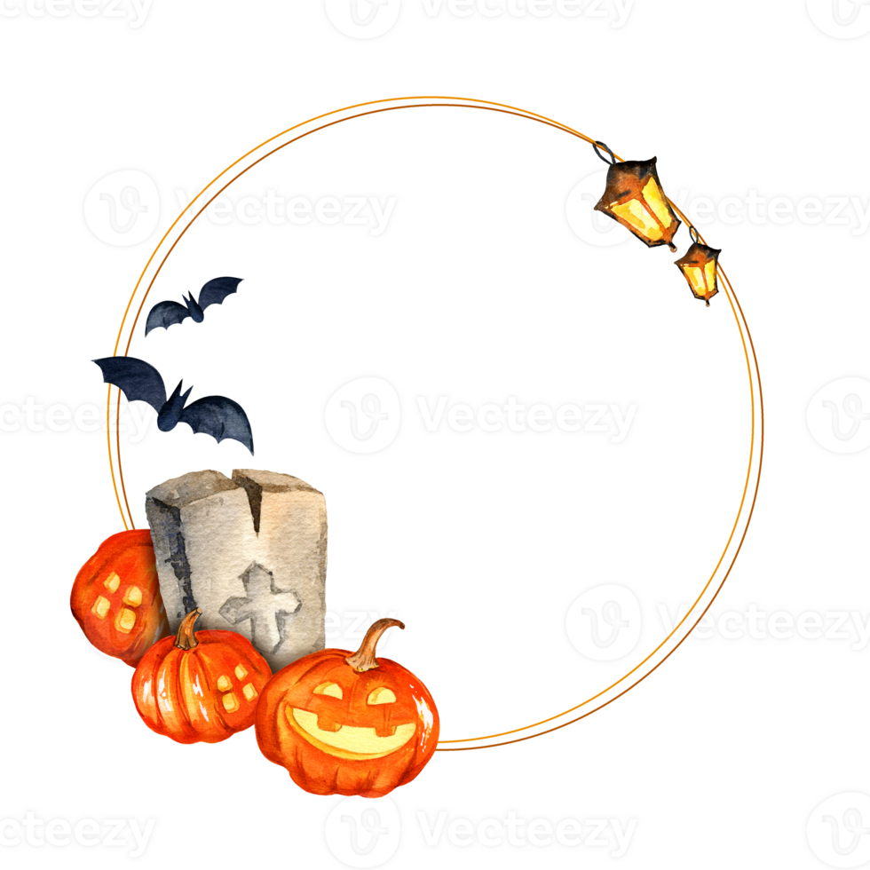 watercolor round frame of Halloween theme with headstone, pumpkin, bat and lamps, hand drawn illustration for event, orange color png