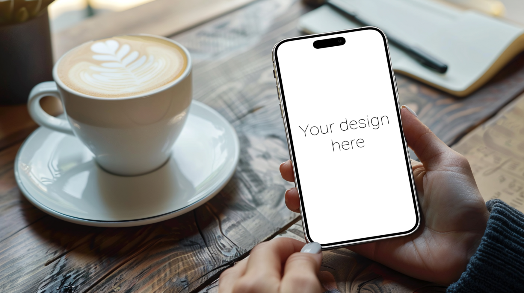 Mockup of white smartphone similar to iphone in person's hand. Cup of coffee on the table psd