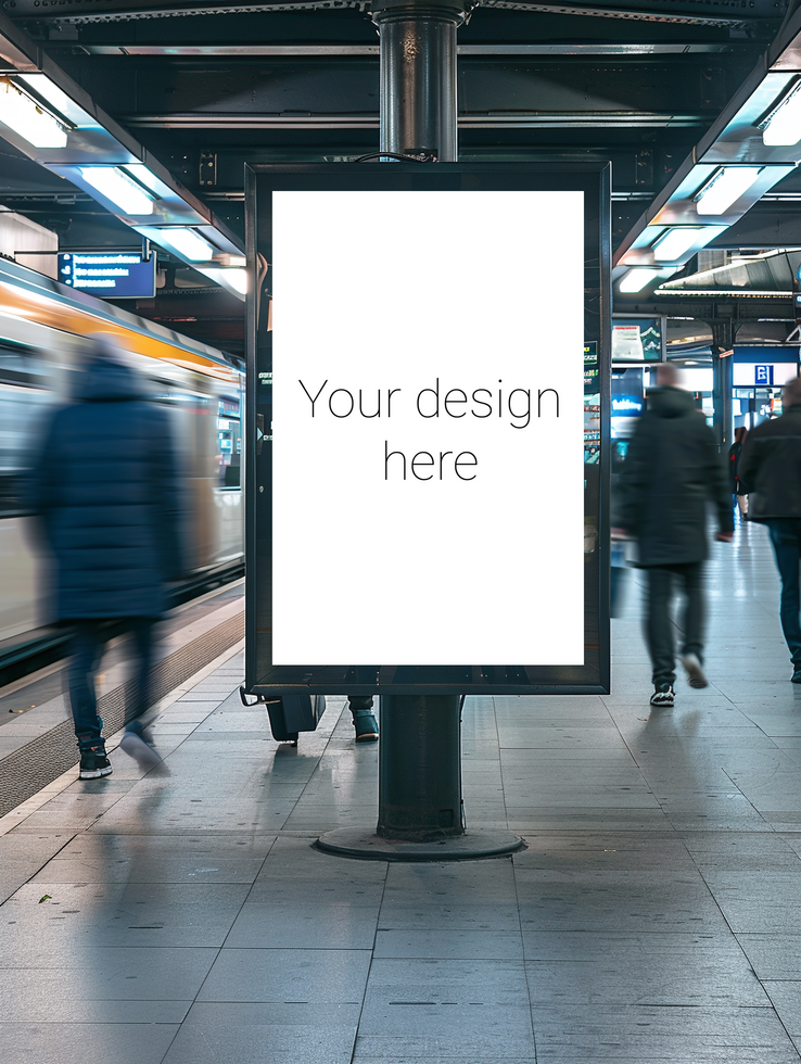 Mockup for subway or railway station advertising banner or billboard. Busy city. Many people psd