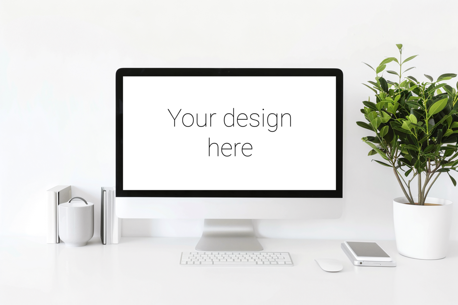 Mockup of white screen on table. White keyboard and mouse on white table psd
