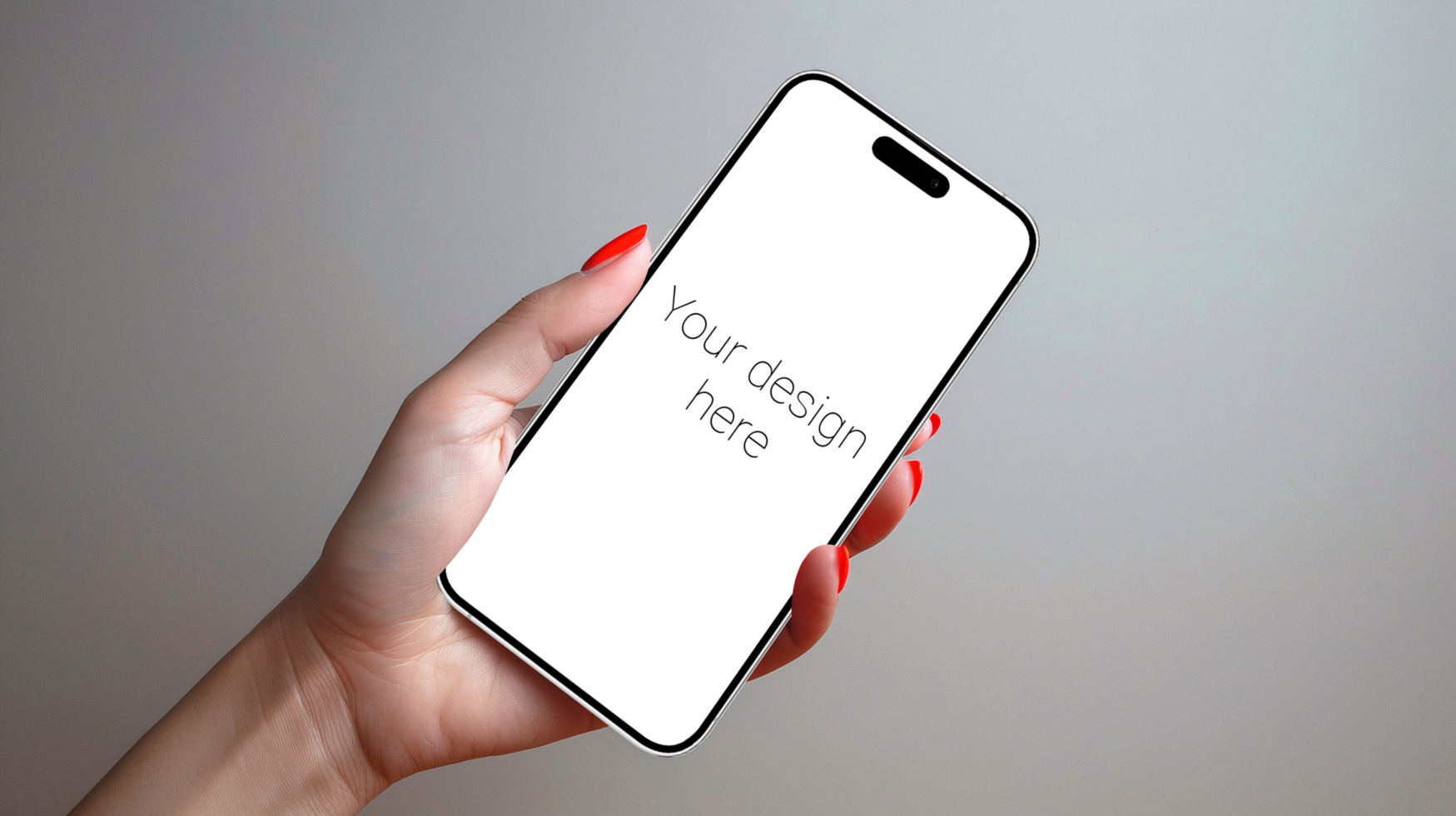 Mockup of white smartphone similar to iphone in person's hand. Gray wall on background psd