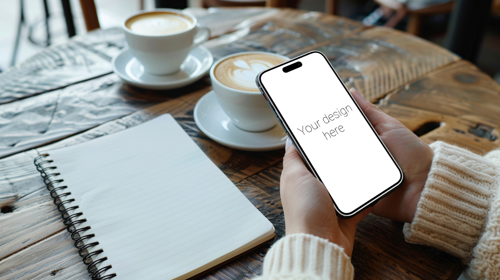 Mockup of white smartphone similar to iphone in person's hand. Cup of coffee on the table psd