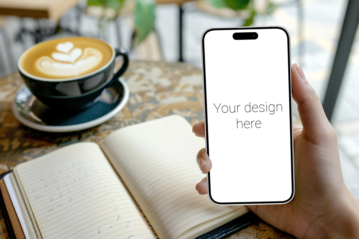 Mockup of white smartphone similar to iphone in person's hand. Cup of coffee on the table psd