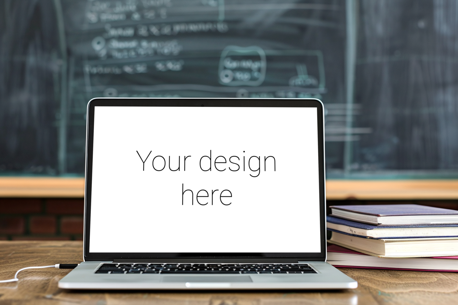 Mockup of white laptop on table. Green school desk on the background psd