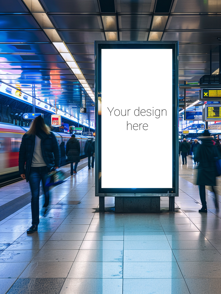 Mockup for subway or railway station advertising banner or billboard. Busy city. Many people psd
