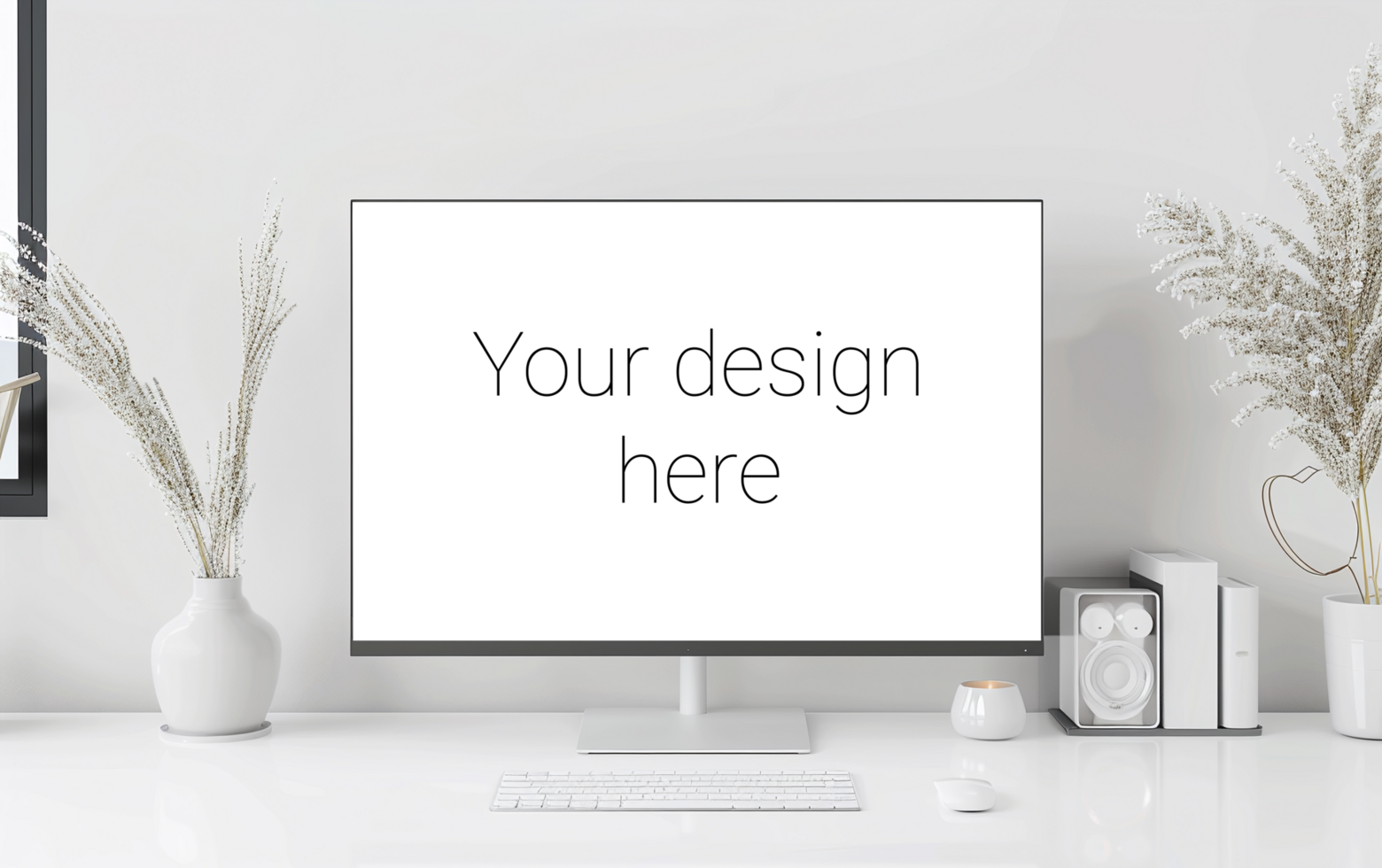 Mockup of white screen on table. White keyboard and mouse on white table psd