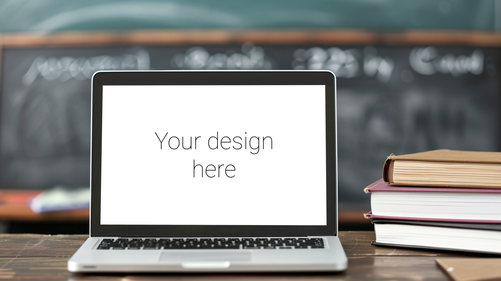 Mockup of white laptop on table. Green school desk on the background psd