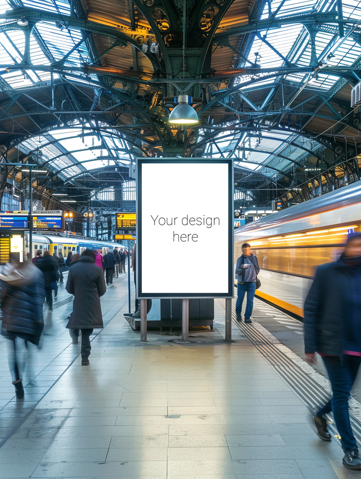 Mockup for subway or railway station advertising banner or billboard. Busy city. Many people psd
