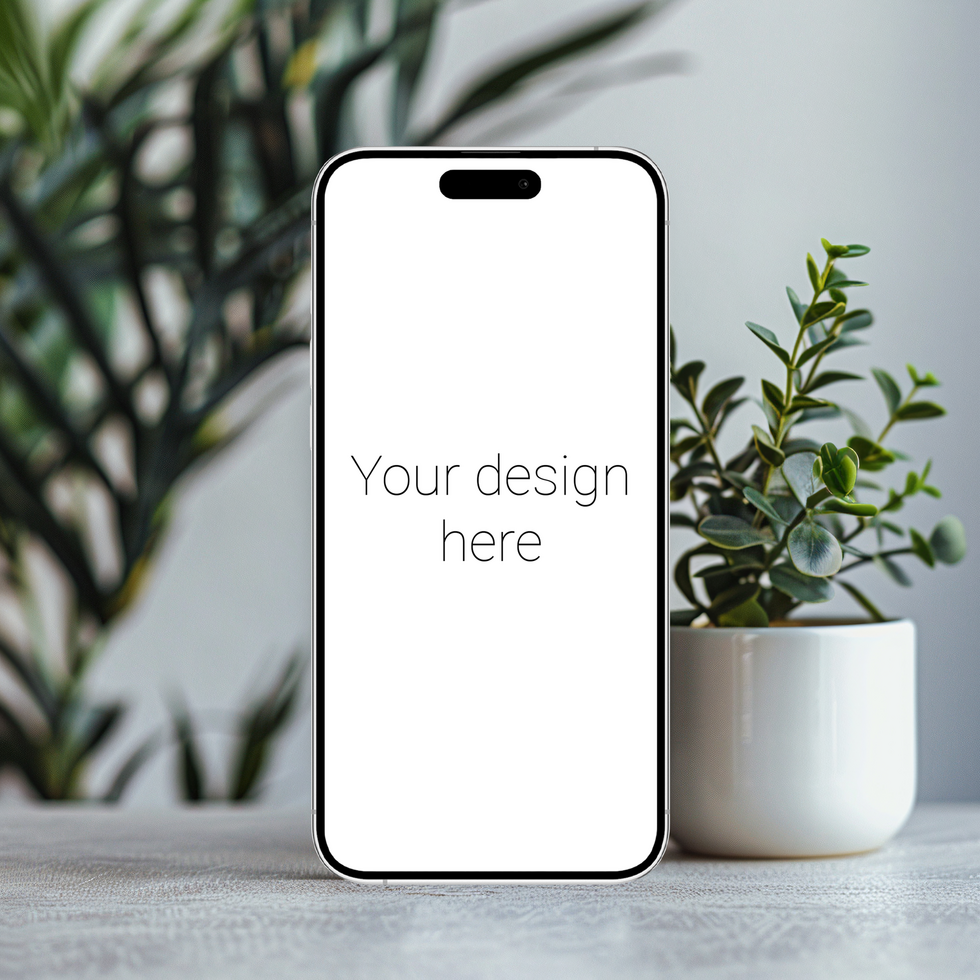 Mockup of white smartphone similar to iphone 15 that stands on table. There are plants nearby psd