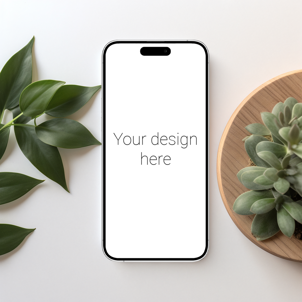 Mockup of white smartphone similar to iphone on table. Plants nearby psd