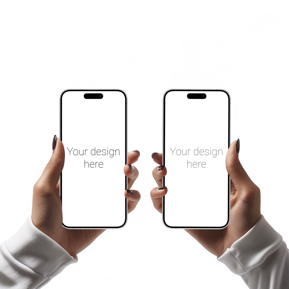 Mockup of two smartphones similar to iphone in two hands. White background psd