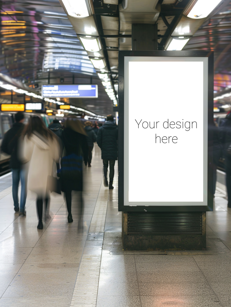 Mockup for subway or railway station advertising banner or billboard. Busy city. Many people psd