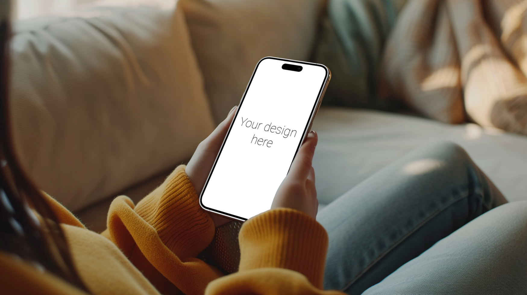 Mockup of white smartphone similar to iphone 15 in person's hand. Person sitting on the sofa psd