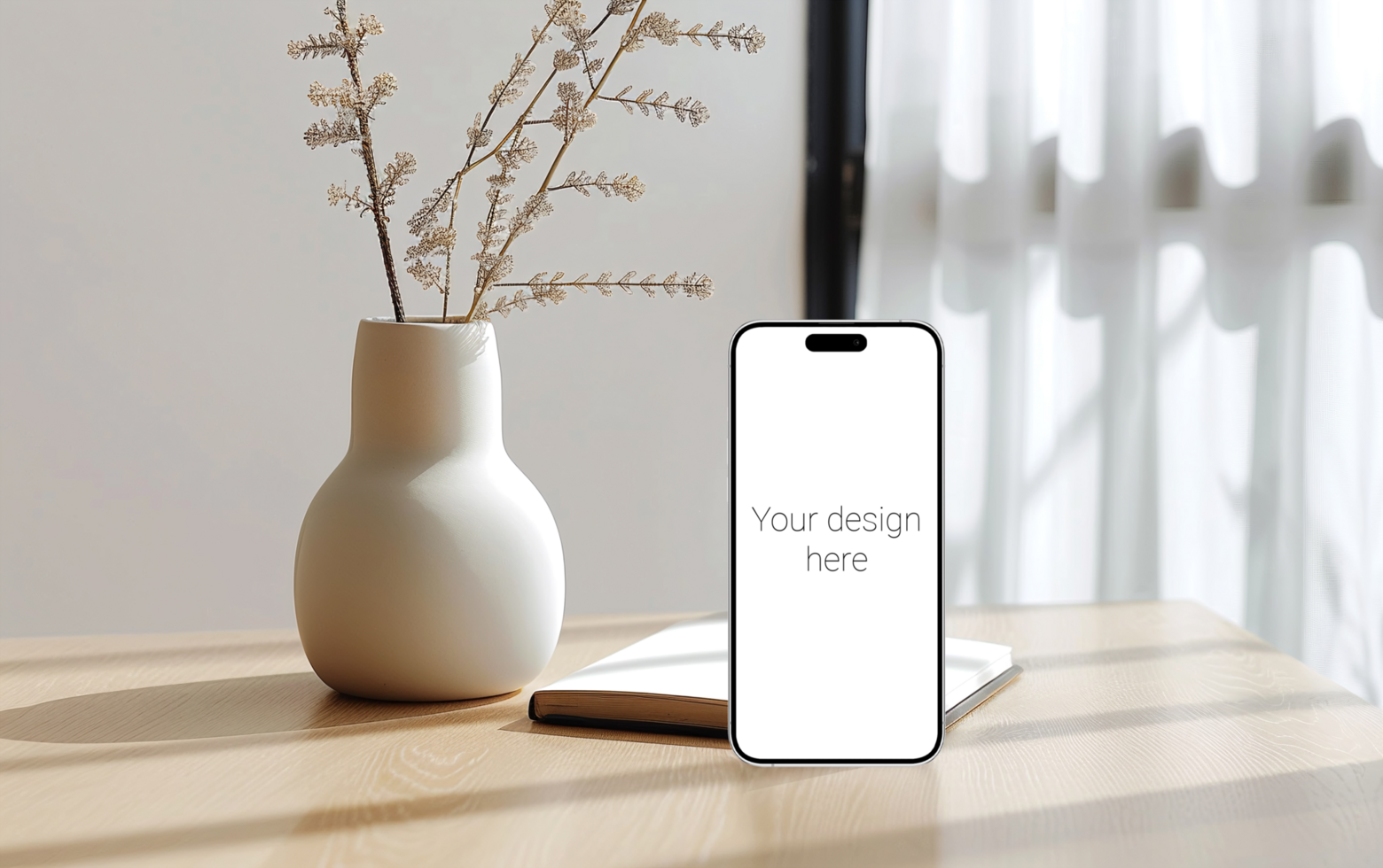 Mockup of white smartphone similar to iphone 15 that stands on table. There are plants nearby psd