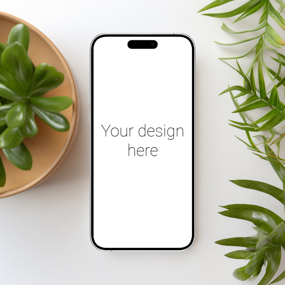 Mockup of white smartphone similar to iphone on table. Plants nearby psd