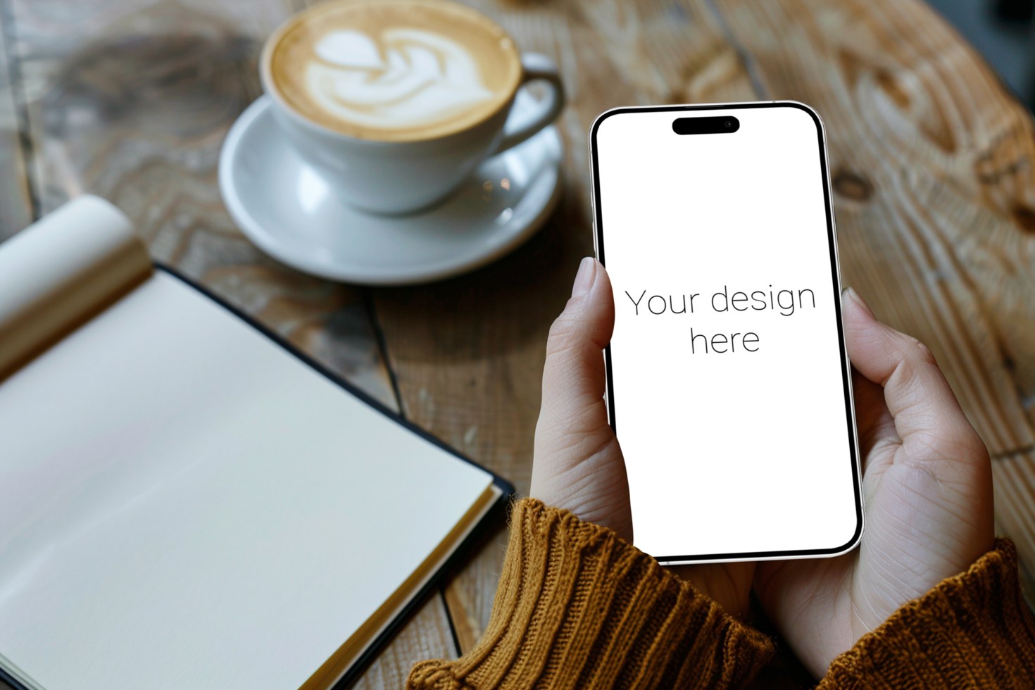 Mockup of white smartphone similar to iphone in person's hand. Cup of coffee on the table psd