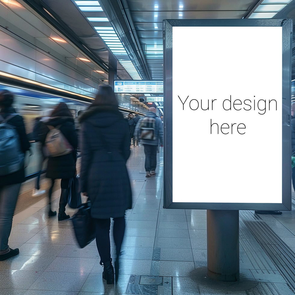 Mockup for subway or railway station advertising banner or billboard. Busy city. Many people psd