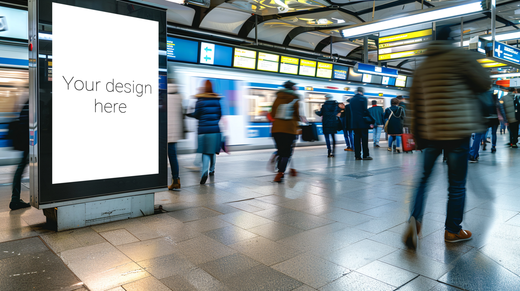 Mockup for subway or railway station advertising banner or billboard. Busy city. Many people psd