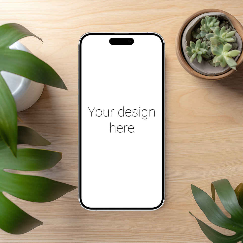 Mockup of white smartphone similar to iphone on table. Plants nearby psd