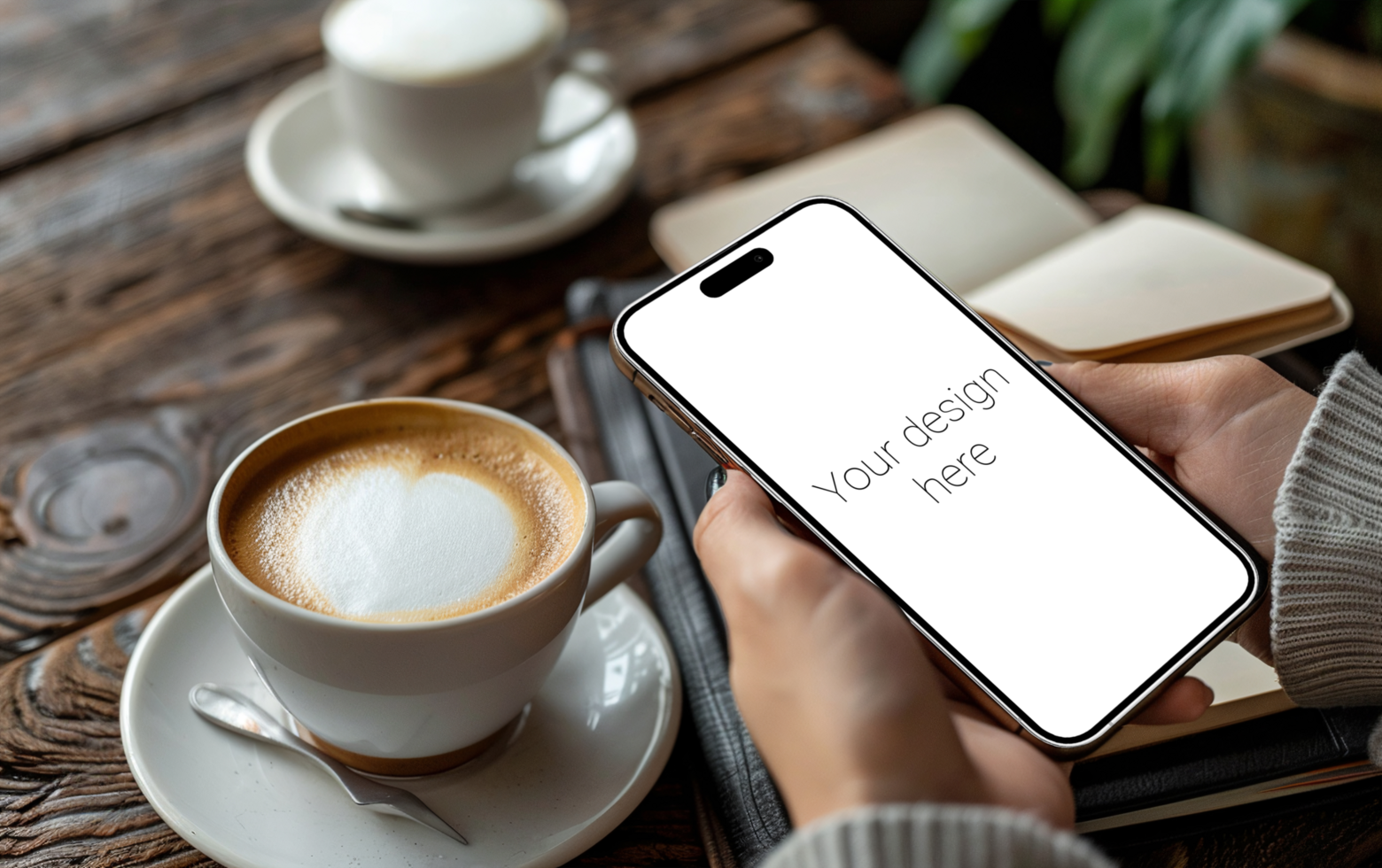 Mockup of white smartphone similar to iphone in person's hand. Cup of coffee on the table psd