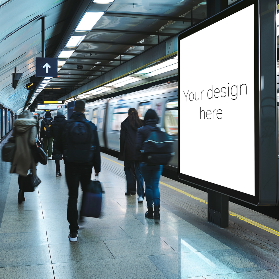 Mockup for subway or railway station advertising banner or billboard. Busy city. Many people psd