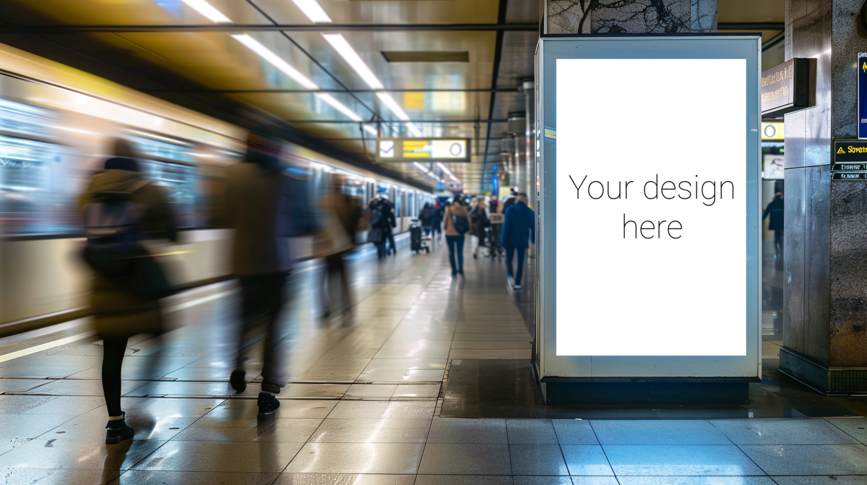 Mockup for subway or railway station advertising banner or billboard. Busy city. Many people psd