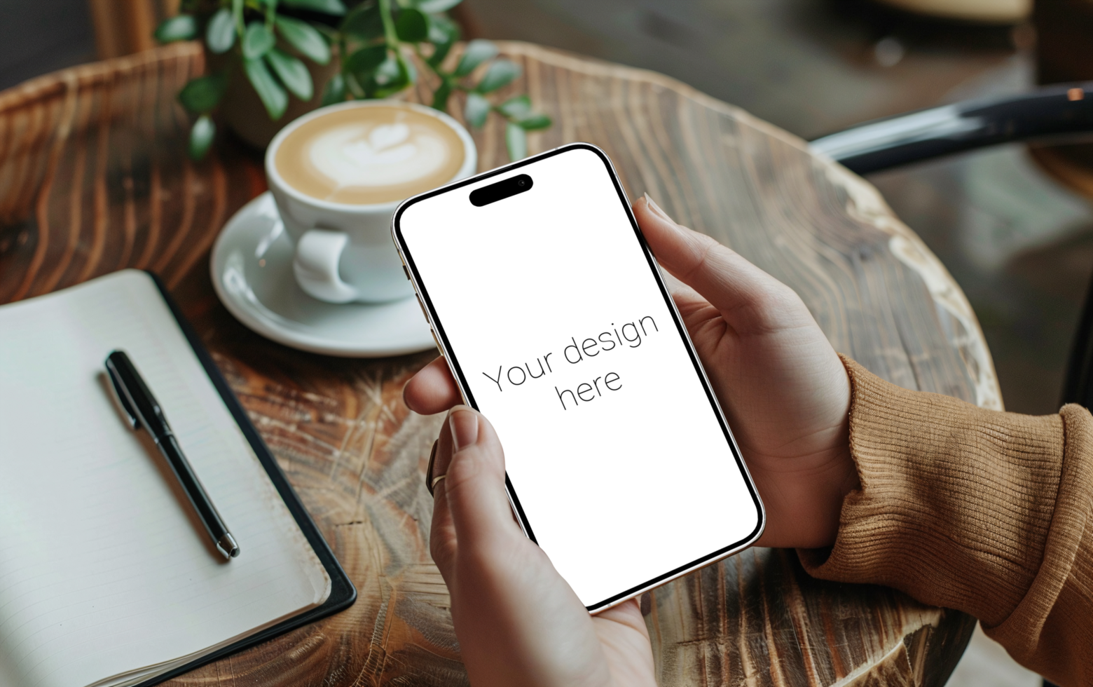 Mockup of white smartphone similar to iphone in person's hand. Cup of coffee on the table psd