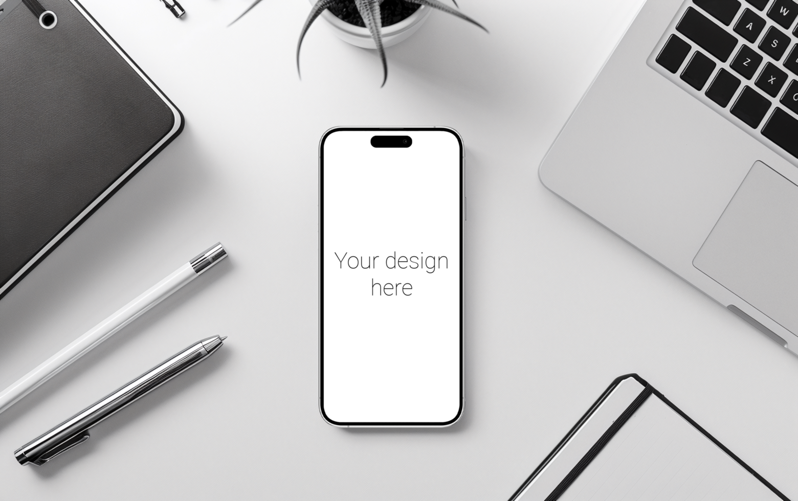Mockup of white smartphone similar to iphone 15 lies on white table. Laptop and notebook next to each other psd