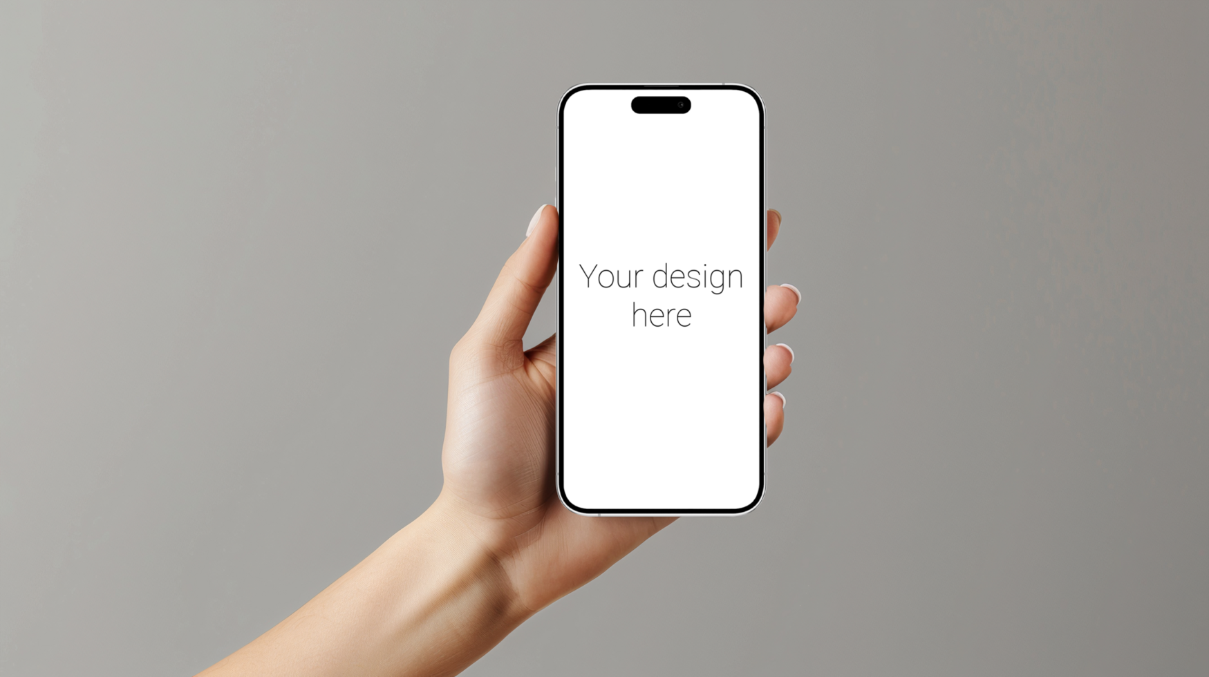 Mockup of white smartphone similar to iphone in person's hand. Gray wall on background psd