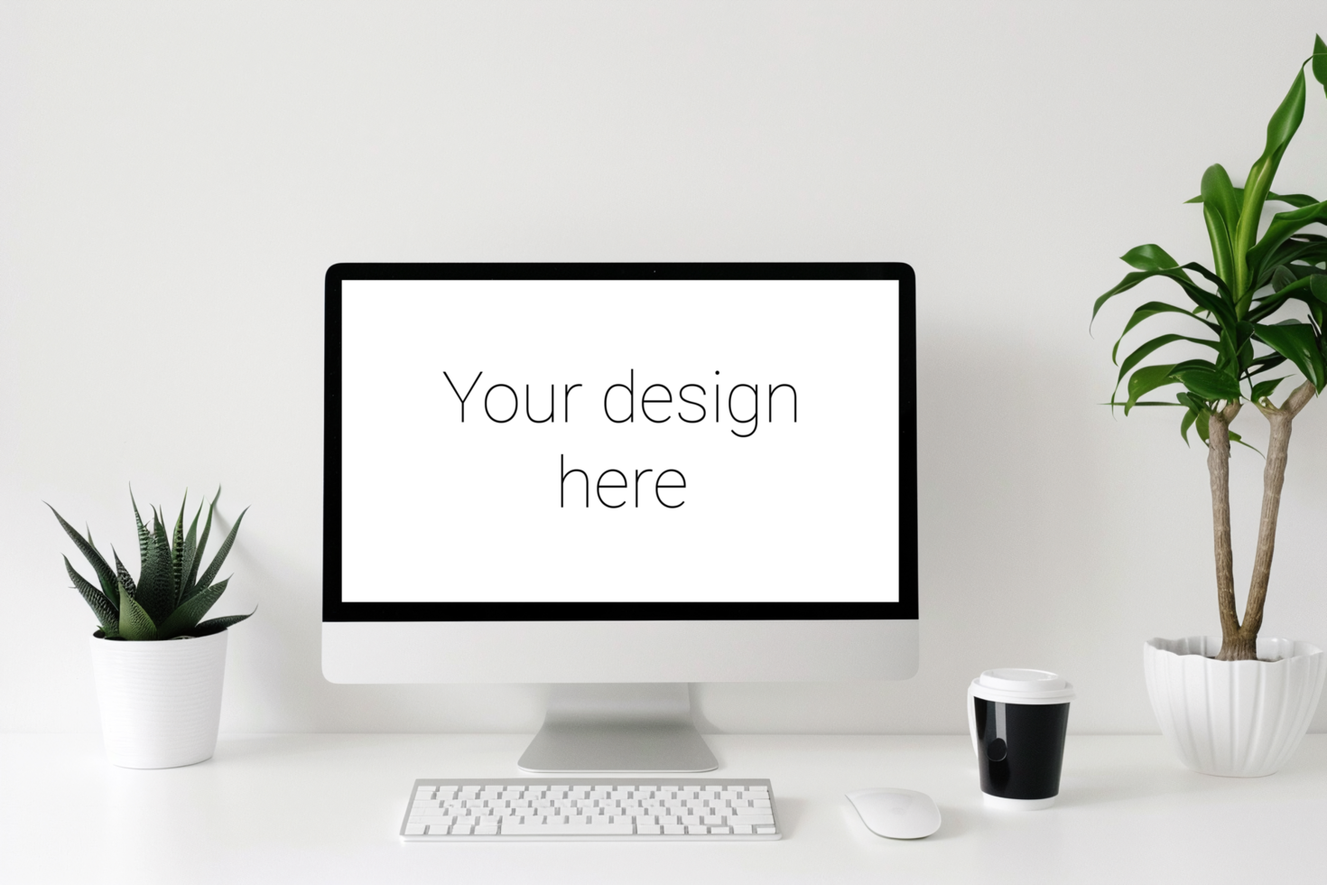 Mockup of white screen on table. White keyboard and mouse on white table psd