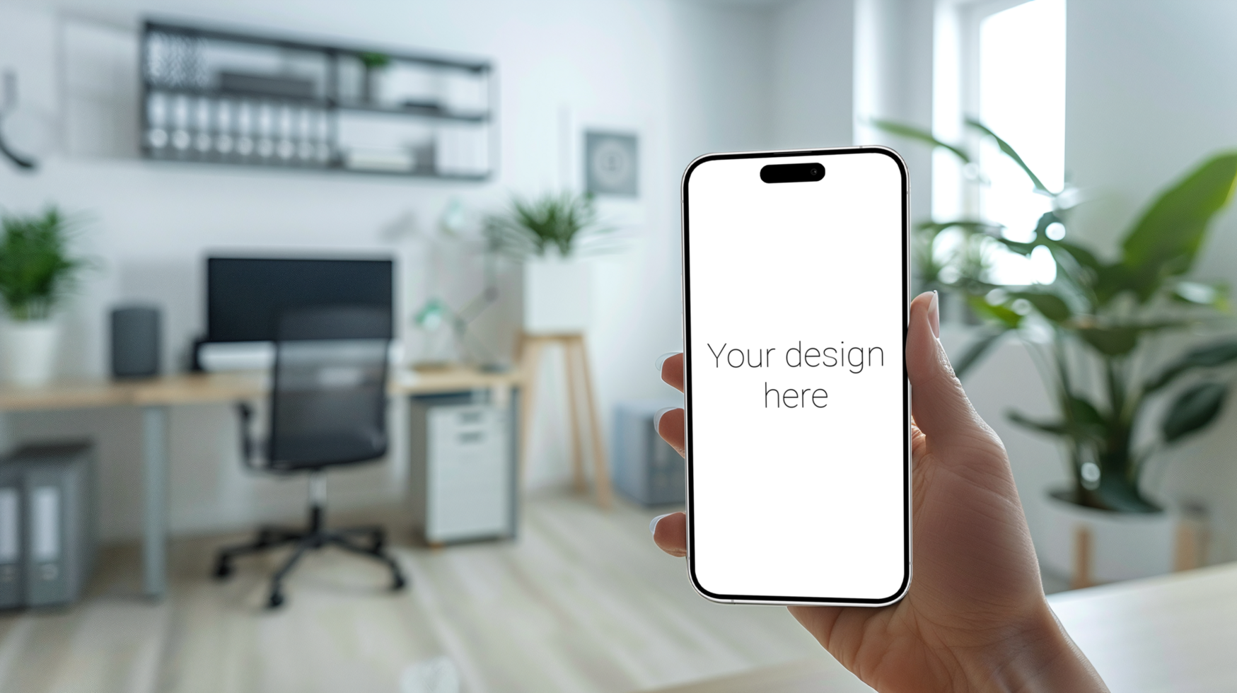 Mockup of white smartphone similar to iphone 15 in person's hand. Person sitting on the sofa psd