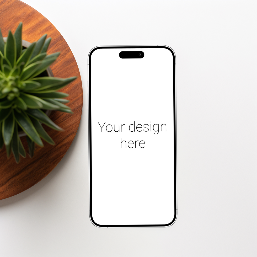 Mockup of white smartphone similar to iphone on table. Plants nearby psd