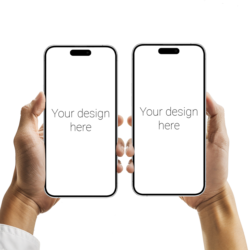 Mockup of two smartphones similar to iphone in two hands. White background psd